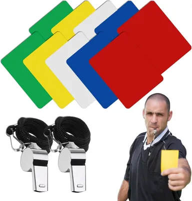 Produktbild von Komplettes Schiedsrichterkarten-Set, 2 Edelstahlpfeifen, 5 Farben Strafkarten, für Sportwettkämpfe