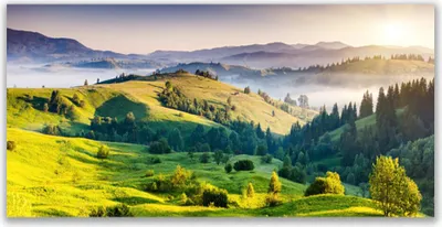 Produktbild von Tulup Leinwand-Bilder 120x60 Wandbild Canvas Kunstdruck Gebirge Feld Wald Nebel Natur
