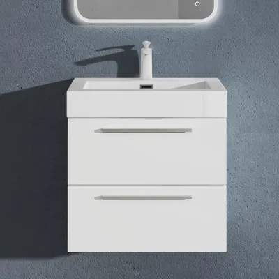 Image de doporro Meuble de Salle de Bains Blanc Mat Ensemble de 2 Pièces Meuble Suspendu avec Lavabo 60 cm Design Quadratto