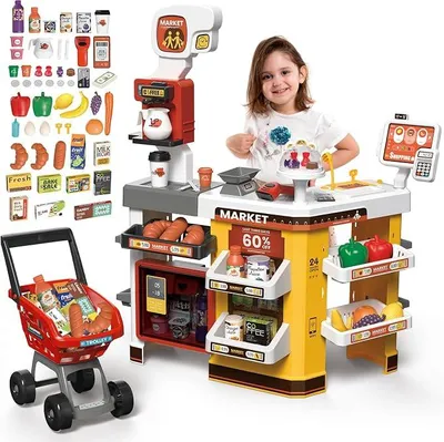 Imagen del producto de Supermercado con carrito de compras, juguete para niños, color rojo