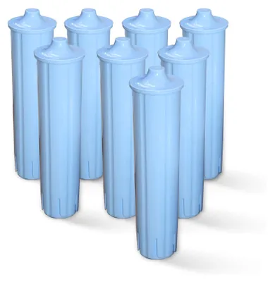 A group of light blue water filter cartridges arranged in a staggered formation against a white background.