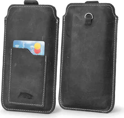 Produktbild von Universal Leder Handyhülle zum Einstecken LURESKO ASTER XXXL, mit Öse für Handykette, für Handys von 6,5 bis 6,9 Zoll, Vintage-Grau mit weißer Naht