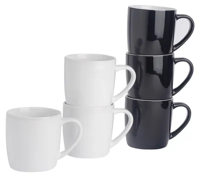 Produktbild von Argon Ta Farbige Kaffeetassen – 350 ml – Schwarz/Weiß – 6er-Pack – Robuste Teetasse aus Steingut, spülmaschinen- und mikrowellengeeignet