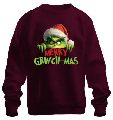 Productafbeelding van FEESTELIJK GRINCH-KERSTMIS. Grappig kerstcadeau met het thema Grinch. Retro uni sweatshirt/trui, bordeauxrood, maat S