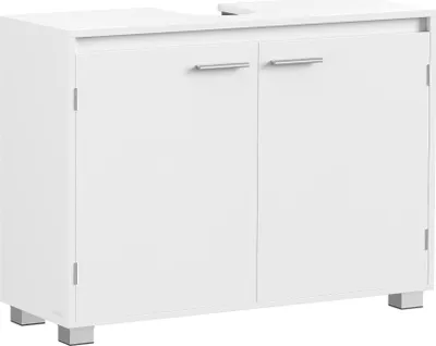 A white bathroom vanity cabinet with two doors.