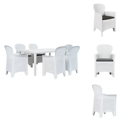 Produktbild von vidaXL 7-tlg. Garten-Essgruppe Kunststoff Weiß Rattan-Optik -  Gartenmöbel-Sets