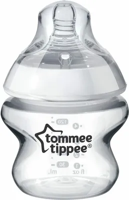 A clear, studio shot of a Tommee Tippee baby bottle.
