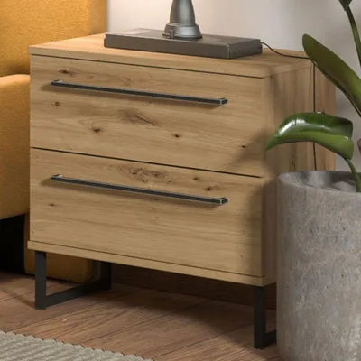 Produktbild von Dmora Nachttisch Cerignone 46x35x54h cm Eiche Knotenbraun, 2 Schubladen ein Fach