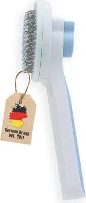 Immagine prodotto di Intirilife Spazzola per gatti Spazzola per cani in blu - bianco - 18,8 x 7,5 x 5 cm - Spazzola per animali domestici con pulsante per rimuovere i peli autopulente
