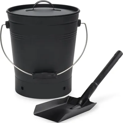 Produktbild von Ascheimer mit Deckel und Holzgriff, Kohleschaufel, Aschenträger für Kaminwerkzeuge, Feuerstelle, Holzofen in Schwarz