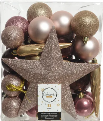 Produktbild von Weihnachtskugeln Kunststoff mit Christbaumstern 33er Set - Rosa / Braun