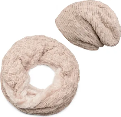 Produktbild von styleBREAKER Strick Loop Schal und Beanie Mütze Set mit Flecht Muster, Fleece Innenfutter, Winter, Uni 01018211