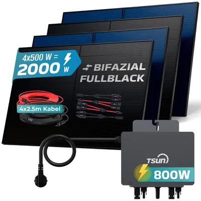 Produktbild von SUNNIVA® 2000W Balkonkraftwerk BIFAZIAL FULLBLACK komplett Steckdose TSUN 800 Watt Wechselrichter, Komplettset 4x 500W PV Solaranlage Solarmodule