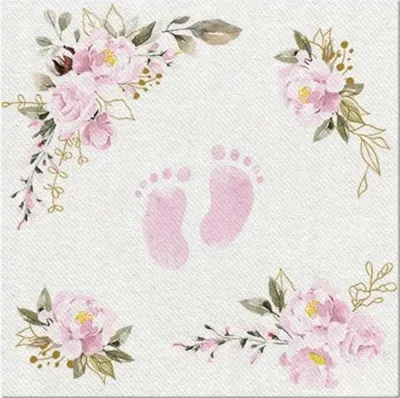 Obrázek produktu pro 50 ubrousků látkových Baby Feet light rose - Baby feet around flowers pink 40x40cm