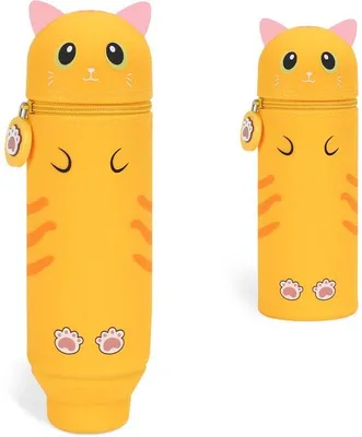 Produktbild von Schul- und Büroetui, 2 in 1, klapbar, kawaii Etui, orange Kat-Design, Mädchenetui