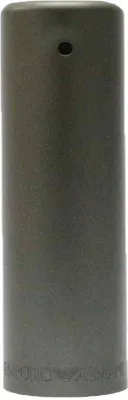 A vertical shot of a gray cylindrical bottle, likely a fragrance or cosmetic product.