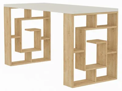 Image de Bureau d'étude en panneau mélaminé blanc et chêne 140 x 75 x 60 cm