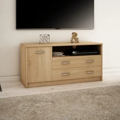 Produktbild von TV-Schrank 110cm breit Lowboard mit matter Oberfläche Fernsehtisch mit 1 Tür 2 Schubladen und 2 Regalen aus laminiertem Board sonoma
