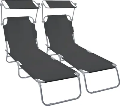 Produktbild von VOUNOT® 2er Set Sonnenliege Klappbar, Gartenliege Strandliege mit Sonnenschutz und 4-Fach Verstellbarer Rückenlehne,Schwarz