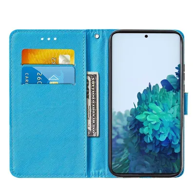 A blue flip phone case with card slots and a US dollar bill inserted, showing a smartphone screen with a floral background.