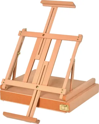 Produktbild von Vinsetto Staffelei Keilrahmen Kofferstaffelei Atelierstaffelei Winkelverstellbar Faltbar mit Schublade Buchenholz Natur 42 x 36 x 12,5 cm