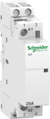 A close-up studio shot of a Schneider Electric iCT electrical contactor.
