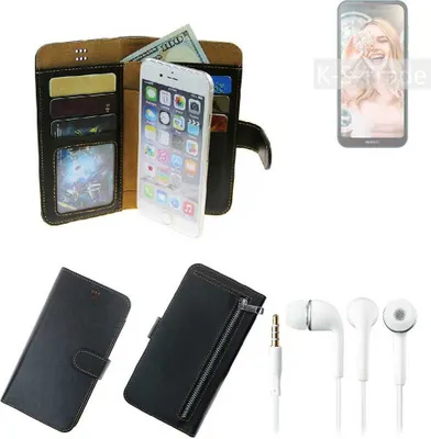 Produktbild von TOP SET Handy Hülle Schutz Hülle kompatibel mit Huawei Y5 2019  schwarz aus Kunstleder + Kopfhörer Smartphone Tasche vollwertige Geldbörse