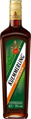 A bottle of Kuemmerling Kräuterlikör on a white background.