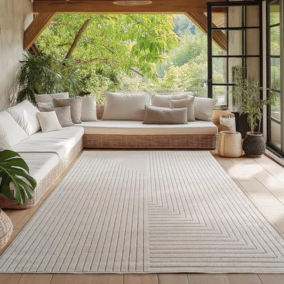 Produktbild von Homebyhome Outdoor Teppich, Modern Boho Design, 3D Effekt, Robust und UV-Beständig, ideal für Terrasse Wohnzimmer & Küche, Grösse: 160x230 cm