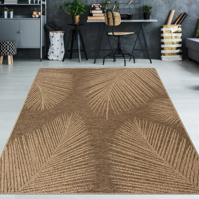 Produktbild von Zeitloser Teppich für Innen- & Außenbereich wetterfest mit Blattmuster in Beige Braun Größe - 80 x 150 cm
