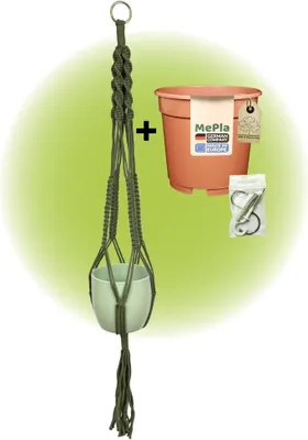 Produktbild von MePla - Set - Ampel Makramee Naturgrün - Basel ø13 Lindgrün + Kulturtopf ø12 + Beipack-Set 21550-001