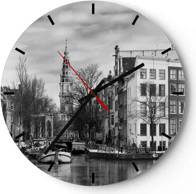 Produktbild von Wanduhr - Rund - Glasuhr - Schwarzweiß Amsterdam Boote - 30x30cm - Schleichendes Uhrwerk - Lautlos - zum Aufhängen bereit - Dekoration Modern - Wanddekoration aus Glas - C3AR30x30-4436