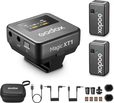 Zdjęcie produktu dla Godox Magic XT1 One-Trigger-Two 2.4G Bezprzewodowy system mikrofonowy Magnetyczne mikrofony przypinane Inteligentne tłumienie szumów Transmisja na 200 metrów Wbudowany akumulator Ekran dotykowy OLED z etui ładującym do smartfonów i lustrzanek cyfrowych