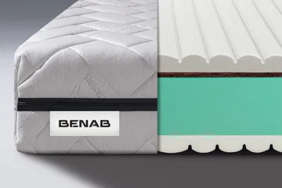 A cutaway view of a mattress showing its internal layers, with the exterior visible on the left.