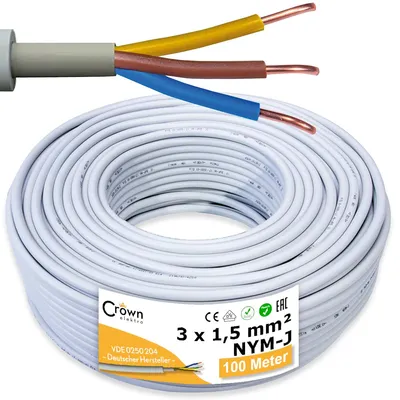 Produktbild von NYM-J 3x1,5mm² Mantelleitung - 100m | Stromkabel 3-adrig | Feuchtraumkabel nach VDE 250-204 | Elektrokabel in Hellgrau | Länge am Stück