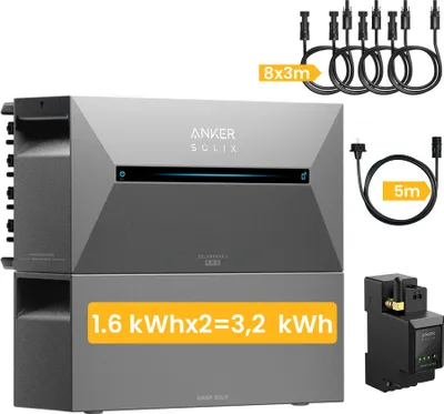 Produktbild von Balkonkraftwerk Speicher 3.2kWh Anker Solix Solarbank 2 E1600 Pro 2400W 4 MPPT mit BP1600 Akku, inkl. Anker Smarten Zähler für Balkonkraftwerk