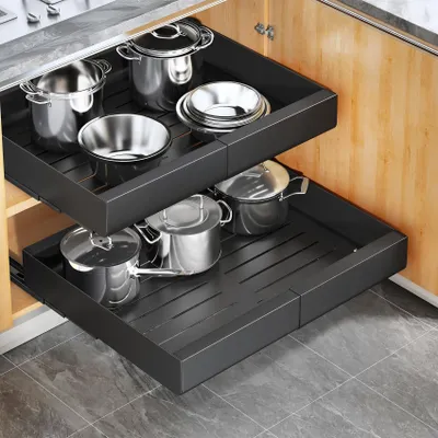 Obrázok produktu pre Nastaviteľný organizér do kuchynskej zásuvky - 3 koľajnice - Vysúvateľný systém - 43 x 30-50 x 5,8 cm