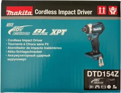 Obrázek produktu pro Makita DTD154Z, Rázový šroubovák, Rukojeť pistole, 1/4", Černá, Modrá, Bezkartáčový, 3800 ot/min