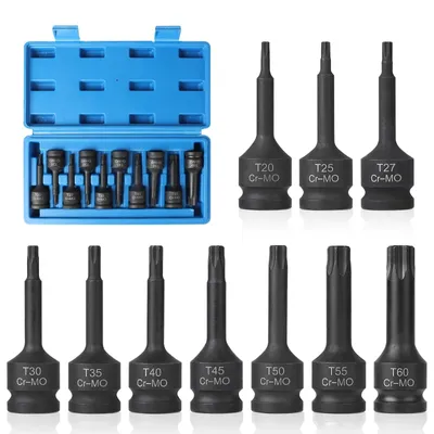 Zdjęcie produktu dla Zestaw nasadek kluczy płaskich - Torx - 10 sztuk - 1/2 cala - Cr-Mo - Nasadki kluczy płaskich - Nadaje się do użytku domowego - Z pudełkiem do przechowywania