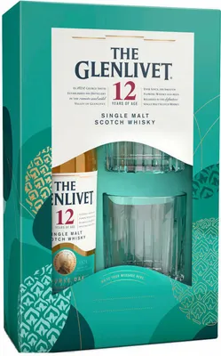 A gift set of Glenlivet 12 Year Old single malt Scotch whisky, including a bottle and two glasses, presented in a teal and white box with decorative patterns.