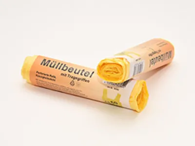 Produktbild von Praktische Müllbeutel 60 Liter Gelb mit Zugband auf Rolle - 10 Stück für einfache Abfallentsorgung