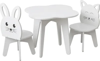 Produktbild von Kinder Set Tisch Wolke +2 Stühle Katze & Hase aus MDF Platte - Sehr Stabil Abgerundete Kanten - Perfekt fürs Kinderzimmer Junge & Mädchen