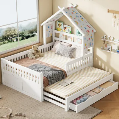 Produktbild von Kinder Hausbett Kiefer Holz 140x200 cm mit Ausziehbett und 3 Schubladen Rausfallschutz Stabiles Plattformbett, weiß