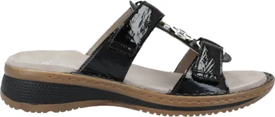 Produktbild von Ara Shoes, Pantoletten, Glattleder, schwarz, Absatzhöhe 3.5 cm, Weite G, Klettverschluss, HighSoft-Funktion, Alltag, goldene Brosche auf dem Mittelsteg, auffällig profilierte Sohle