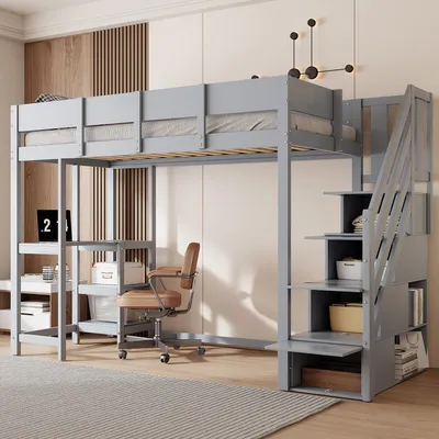 Zdjęcie produktu dla Sweiko Wielofunkcyjne łóżko piętrowe z miejscem do przechowywania Łóżko loftowe z półką 90 x 200 cm, rama łóżka wykonana z litego drewna sosnowego z listwami, łóżko dla dzieci i młodzieży Szary