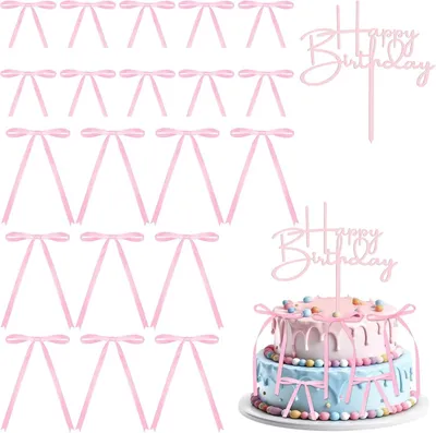 Productafbeelding van Taartdecoraties en 1 topper Happy Birthday - Set van 20 - Roze strik voor taartdecoratie - Satijnen linten - Bruiloft