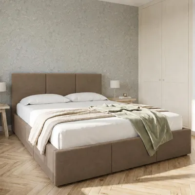 Produktbild von Home Collective Bett Doppelbett Polsterbett Bettgestell mit Lattenrost & Stauraum mit Bettkasten, Kopfteil mit 3 Paneelen | weicher Samt | 140x200 cm | Kaffee, KI-generiertes Bild