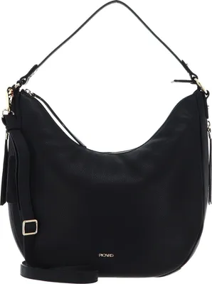 A studio shot of a black leather handbag.