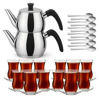 Produktbild von Caydanlik Teekanne Edelstahl 2-stöckig – Türkischer Teekocher induktionsgeeignet – mit Teegläsern oder nur Kanne : Kanne 1,5L : Glas-Set 12er