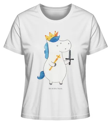 Produktbild von Mr. & Mrs. Panda Kurzarmshirt Damen Einhorn König mit Schwert Größe XL - Weiß - Geschenk, Unicorn, Oberteil, Basic T-Shirt, Rundhals, Baumwoll, Ritter, shirt, Einhörner